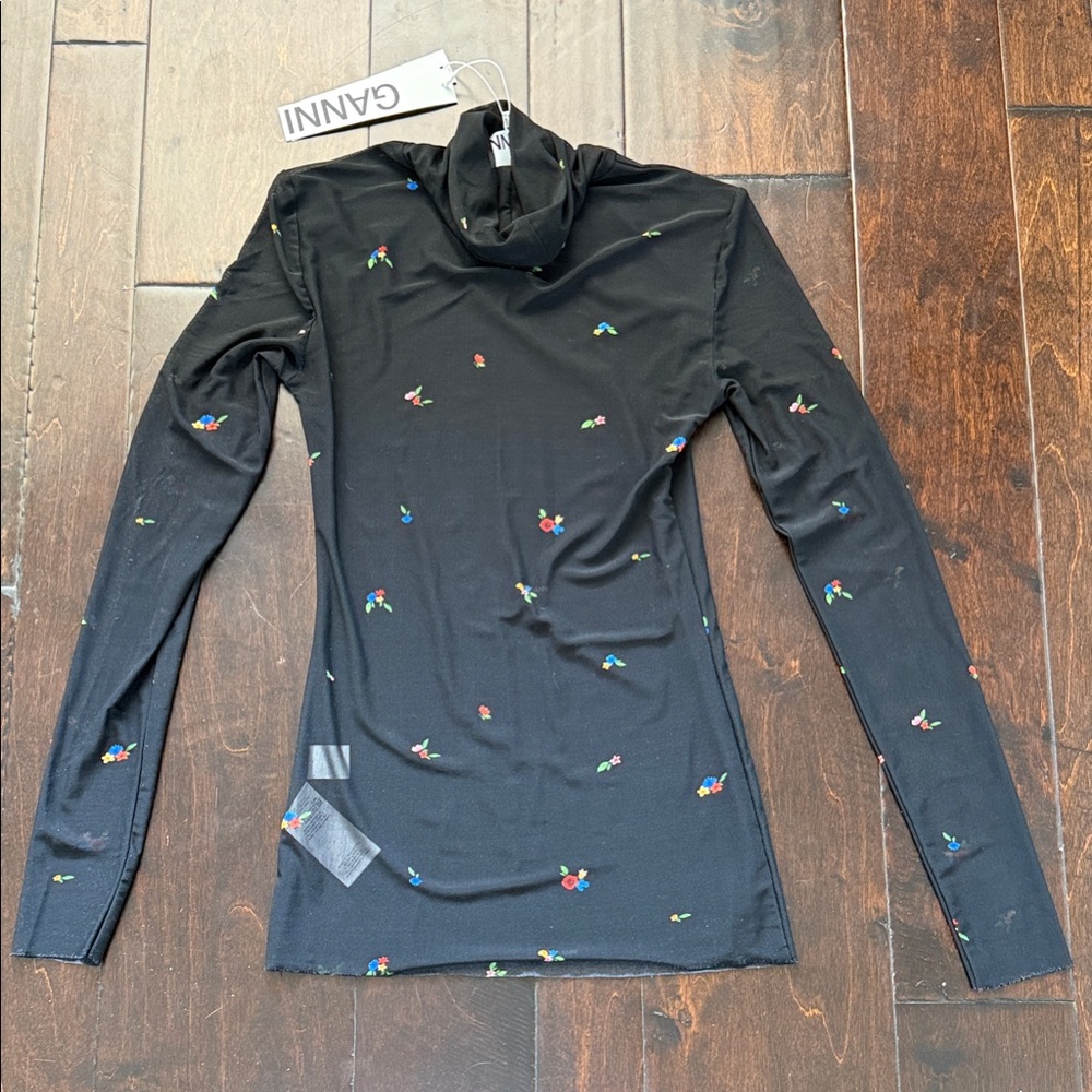 NWT Ganni Black Bodysuit with Multicolor Floral Accents